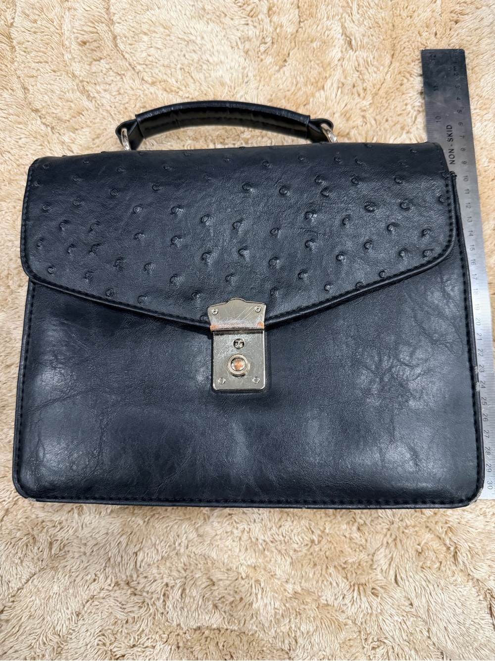 Black Structured Top-Handle Briefcase with Textured Flap